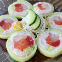 Princess · Crabmeat, tuna, salmon, yellowtail,
avocado, wrapped with cucumber,
ponzu sauce