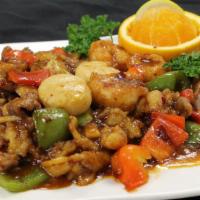 Four Treasures · Spicy. Scallops, shrimp, beef, chicken and sauteed vegetables in a spicy garlic sauce. Spicy.