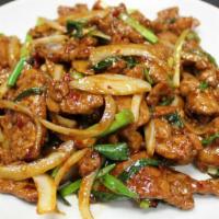 Mongolian Beef · Spicy. White and green onions. Spicy.