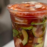 Mexican Shrimp Cocktail · Delicious 18 oz Mexican style shrimp cocktail with clamato, cucumbers, pico de gallo, topped...