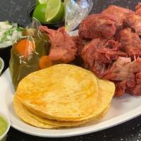 Carnitas · A delicious 1lb (one pound) of slow simmered pork for 5 hours. includes: cilantro onions 2 t...