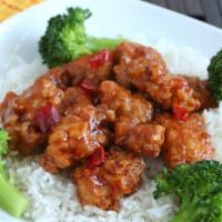 General Tso'S Chicken · Spicy. Slightly battered deep fried crispy chicken chunks sautéed with spicy brown pepper sa...