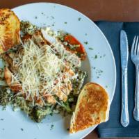 Chicken Pesto Pasta · Penne pasta with grilled chicken and cherry tomatoes tossed with cilantro and pesto. Served ...