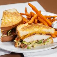 Southwest Chicken Club · Grilled chicken breast, bacon , pico, avocado, cheddar, lettuce and chipotle mayo