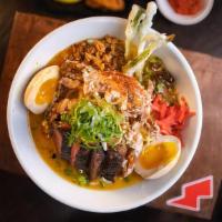 Surf & Turf Ramen · Soft shell crab tempura & tender NY strip steak in a combination of our house-made Tori and ...
