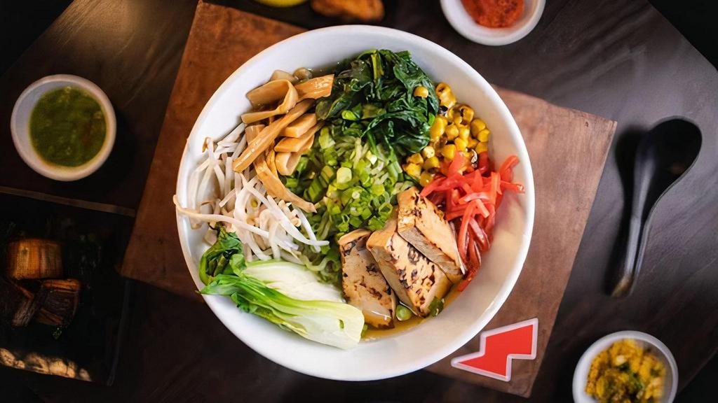 Japanese Garden Ramen (Vegan) · Vegan broth with spinach noodles, tofu, bok choy, bean sprouts, spinach, corn, bamboo shoots, green onions and mixed mushrooms