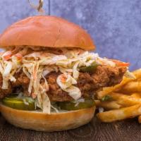 Mad Rooster · Lettuce, pickles, jalapeno, chicken breast, chipotle mayo and slaw.