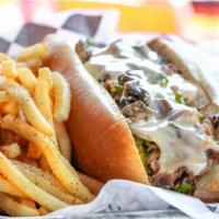 Philly · Sliced rib-eye sautéed with mushroom, onion, bell pepper, mayo, and melted provolone cheese ...