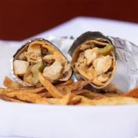 Chicken Wrap · A flour tortilla filled with char-broiled chicken strips, mixed cheese, tomatoes, and lettuc...