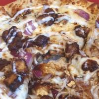 Bbq Chicken · BBQ sauce, mozzarella, chicken tenders, red onion topped with a swirl of the ranch.