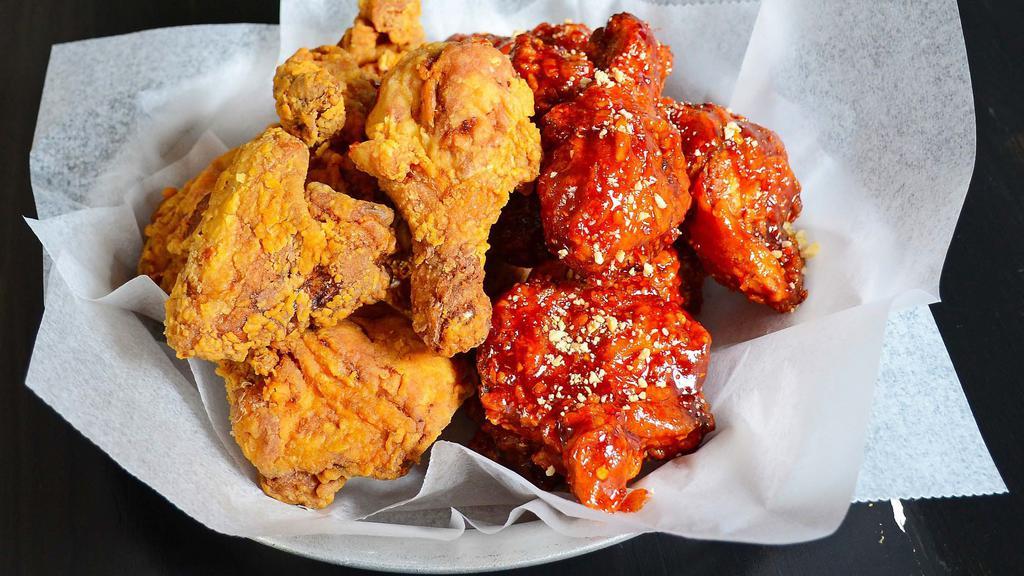 Fried Chicken (Whole) · 2 flavors. Drumstick, wings, thigh, breast.
