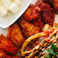 Chicken Sampler · 8 pieces of chicken wings with 4 different flavors, comes with kimchi fries.