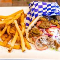 Blazing Hot Gyro · Savory beef and lamb slices rolled in a Greek pita with sautéed jalapeños, onions, lettuce, ...