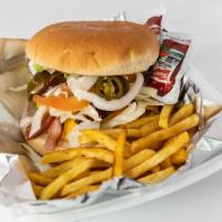 Combo 1 · Hamburguer with fries 
cheese, bacon, lettuce, onion, avocado, pickles, mayo, ketchup, maste...