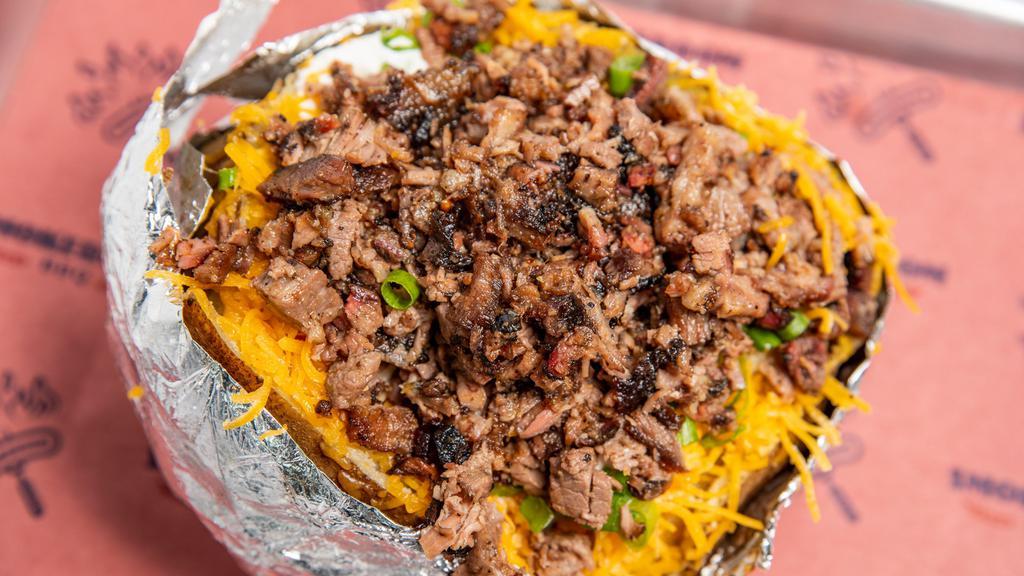 Bbq Baked Potato · Choice of chopped beef. Links, ham. Turkey, pork, spicy sausage, or marinated grilled chicken.