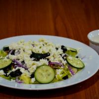 Greek Salad · Lettuce, tomatoes, black olives, green peppers, feta cheese, onions, cucumbers