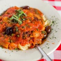 Siciliano · Eggplant, black olives, capers, and marinara over angel hair pasta.