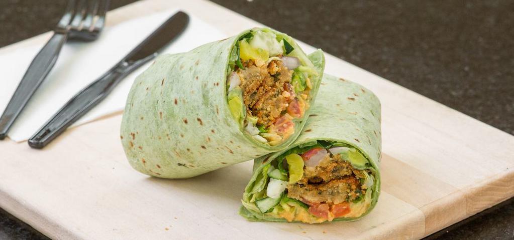 Falafel Hummus Wrap · Vegetarian. Crispy falafel with roasted red peppers, cucumbers, red onions, lettuce,  tomato and red pepper hummus.