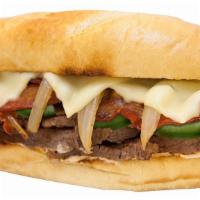 Bacon Cheesesteak · Grilled steak, white American cheese, grilled onions, chipotle sauce, and mayo on a hoagie r...