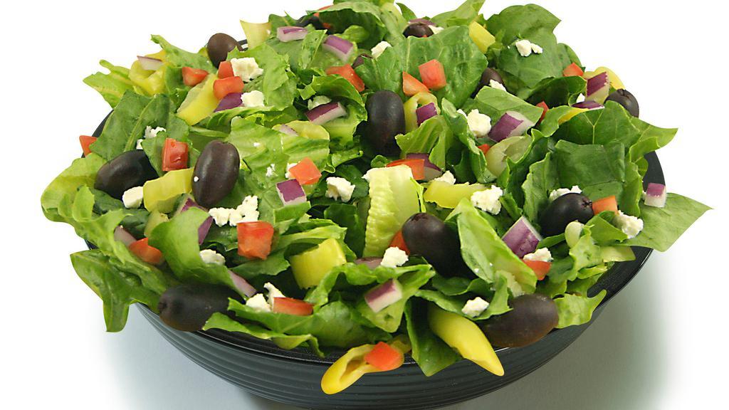Greek Salad · Romaine, cucumber, tomato, red onion, banana pepper, and feta cheese.