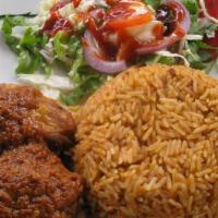 Jollof Rice · Served with chicken or fish and salad