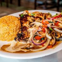 Pollo Loco · Chicken breast topped with mushrooms, bell peppers & onions; served with rice, cheese dip & ...