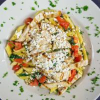 Chicken Mediterranean Pasta · Penne pasta, spinach, Roma tomatoes, garlic, olive oil, basil and feta cheese. Gluten free p...