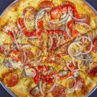 Paesano · Pepperoni, sliced sausage, roasted peppers, red onions, Romano cheese, Sicilian extra virgin...