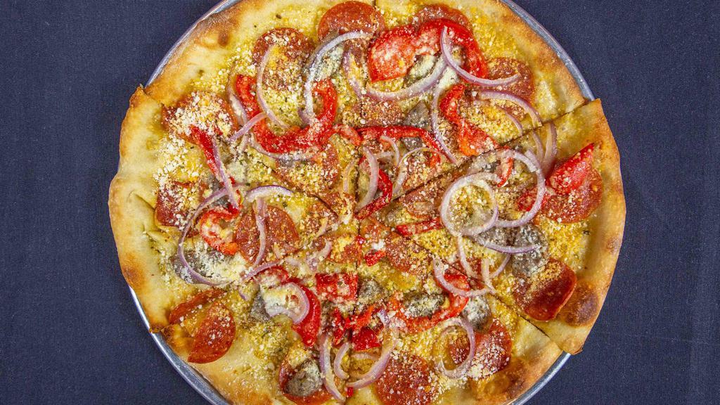 Paesano · Pepperoni, sliced sausage, roasted peppers, red onions, Romano cheese, Sicilian extra virgin olive oil and fresh garlic.