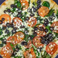 Mediterranean · Fresh spinach, Roma tomatoes, feta cheese, Wisconsin mozzarella, black olives and Sicilian e...