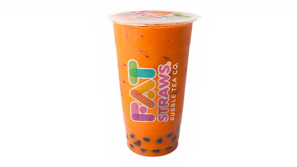 Lg Thai Milk Tea-D · This sweet, creamy, and orange Thai milk tea has a silky texture and delicious depth of flavor. It is combined with half & half. Allergens: Dairy. (Picture shown with optional boba/jellies.)