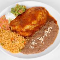 Chile Relleno · Served with rice and beans, guacamole, sour cream, lettuce and pico de gallo. Flour or corn ...