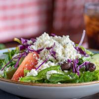 Greek Salad - Small · Garden-fresh vegetables, Kalamata olives, and fresh Romaine lettuce sprinkled with feta chee...