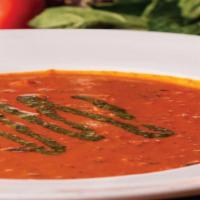 Gf Tomato Basil Bowl · Roasted Roma tomatoes and fresh basil, simmered in a creamy tomato bisque. (Gluten-Free).  2...