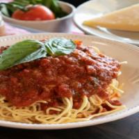 Gf Spaghetti With Meat Sauce · Gluten Free Spaghetti in a Chianti-braised meat sauce. Add Chicken, Add 3 Shrimp for for an ...
