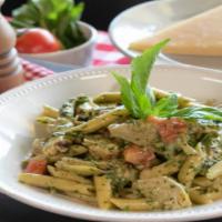 Gf Chicken Pesto Pasta · Gluten Free Penne Pasta, creamy homemade pesto sauce, artichokes, Roma tomatoes and grilled ...