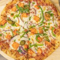 Paneer Tikka Pizza · Vegetarian. Signature pizza sauce, mozzarella cheese, paneer tikka, red onions, jalapeño, sp...