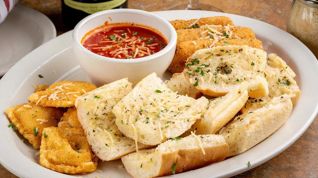 Paesano Platter · Mozzarella sticks, toasted ravioli and garlic bread. Add cheese for an additional charge