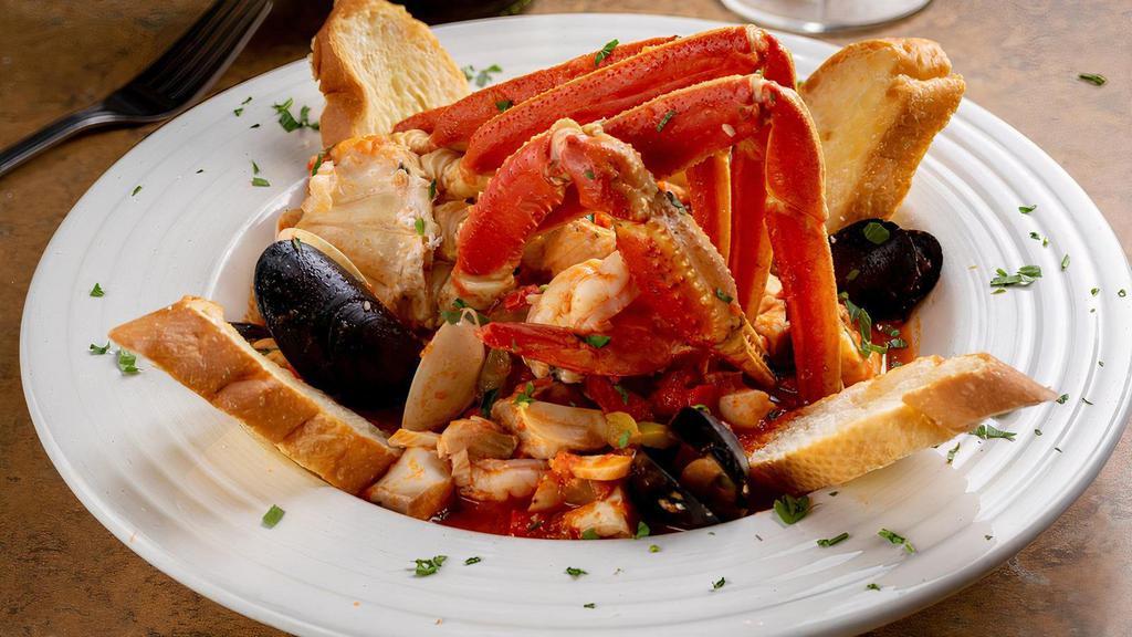 Cioppino (Fisherman’S Stew)  · Tomato stew with shrimp, fish, mussels, clams, snow crab legs and Italian herbs. Served with Italian crostini Add angel hair pasta for an additional charge