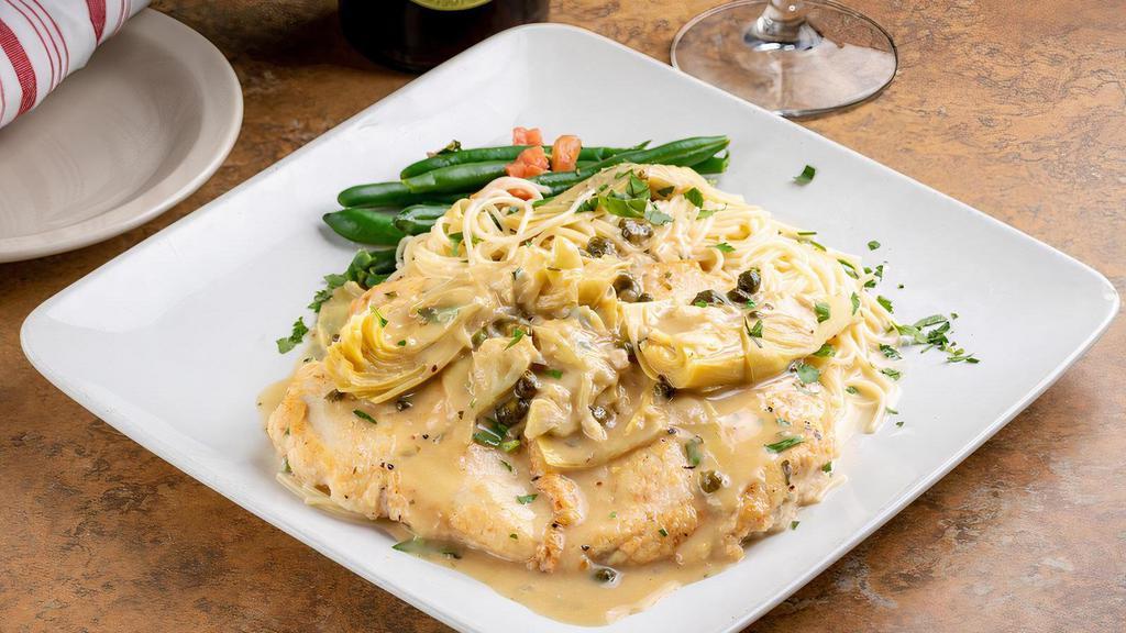 Chicken Or Veal Piccata · Sautéed in lemon butter sauce with capers and artichoke hearts. Served with angel hair pasta and sautéed green beans