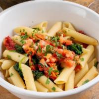 Penne Del Sol · Sun-dried tomatoes, fresh spinach, basil and garlic topped with diced fresh Roma tomatoes