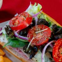 Italian Sub · Ham, salami, pepperoni and provolone cheese topped with lettuce, tomato, black olives, red o...