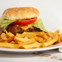 Bacon Cheeseburger · Eight ounces Angus ground beef grilled to perfection with bacon choice of cheese. Topped wit...