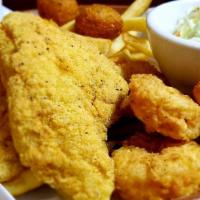 Combo Basket · Hand-Breaded catfish and shrimp. Served with fries,Cole slaw, and hushpuppies.