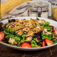 The Spring Chicken · Mixed baby greens tossed with sliced strawberries, grilled chicken, chopped walnuts, and lem...