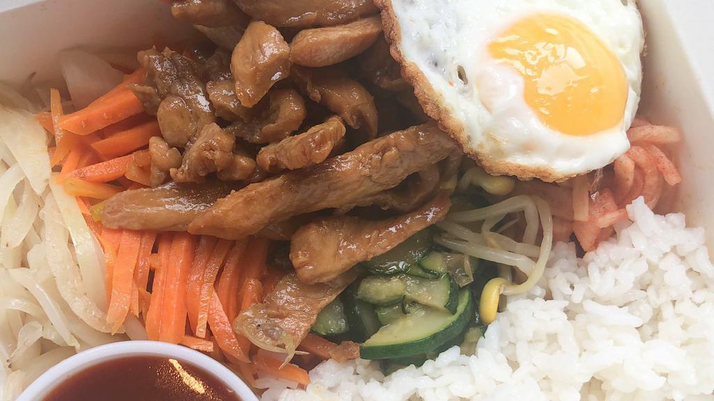 Chicken Teriyaki  Bibimbob  치킨데리야키 비빔밥 · Rice topped with chicken breast teriyaki,onion,carrot,bean sprouts,radish,zucchini,a fried egg and red pepper paste sauce.