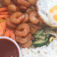 Shrimp Bibimbob 새우 비빔밥 · Rice topped with marinated shrimp,onion,carrot,bean sprouts,radish,zucchini,a fried egg and ...