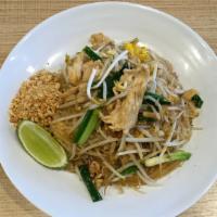 Pad Thai · Thin rice noodles, green onions, bean sprouts, and egg with tamarind sauce (peanut on the si...