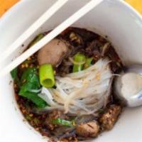 Boat Noodle Soup · Thai style noodle dish. It contains beef or chicken (without meatballs), as well as dark soy...