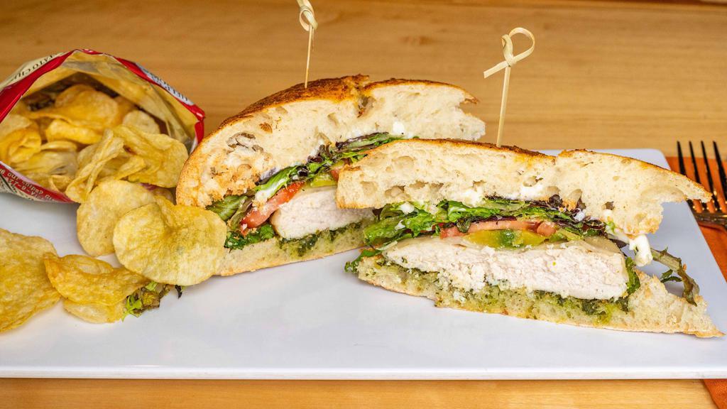 California Chicken Sandwich · Chicken breast and melted Swiss with avocado, olive oil, mayo and pesto. 690 calories.